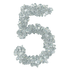Diamond font, number 5 from diamonds. 3D rendering