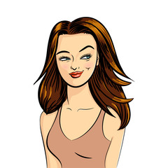 Beautiful pop art illustration with a girl on a white background for concept design. Cute girl illustration.