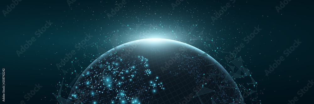 Poster futuristic planet earth. world map of glowing square dots. modern abstract background. space composi