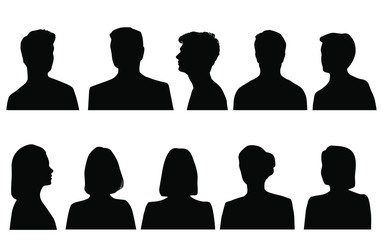 Set silhouettes of men and women, business profile avatar,  group people,black color, isolated on white background