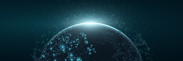 Futuristic Planet Earth. World map of glowing square dots. Modern abstract background. Space composition. Web banner. Global network connection. Vector illustration.
