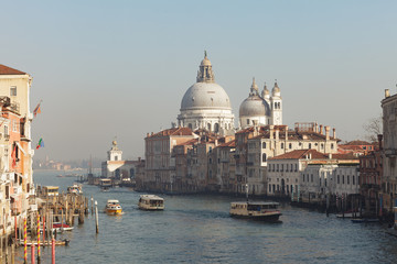 Grand Canal (Canal Grande). Foggy view from brige of Rialto