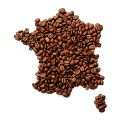 Whole bean coffee. The contour of the France is made of coffee beans isolate on white background.
