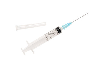 Fototapeta premium Syringe with plastic shell for needle. 2 ml syringe close up, isolate on white background