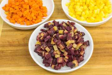 carrot cubes in three colors