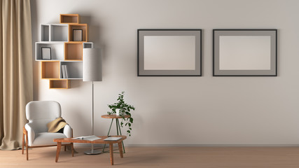 Blank wall with poster in living room interior mock up