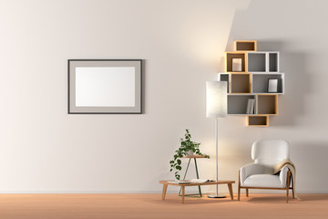 Blank wall with poster in living room interior mock up