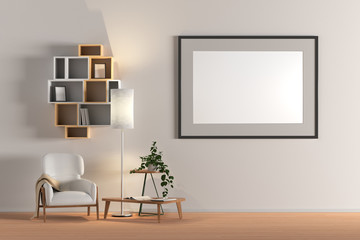 Blank wall with poster in living room interior mock up