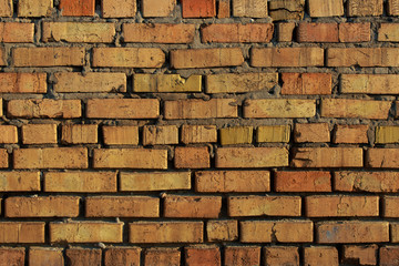 Old textured brick wall with natural defects. Scratches, cracks, crevices, chips, dust, roughness. Can be used as background for design or poster.