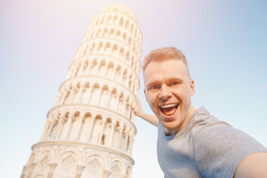 Travel Tourists Man Making Selfie In Front Of Leaning Tower Pisa, Italy