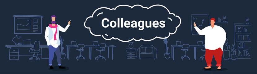 two businessmen colleagues giving high-five welcome gesture teamwork collaboration concept cheerful company coworkers sharing success co-working office interior sketch doodle horizontal