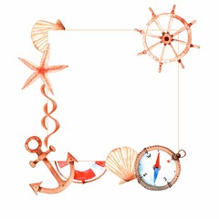 Watercolor sea frame with starfish, lifebuoy, shell, wheel, compass, rope, anchor. Illustration. On white background.