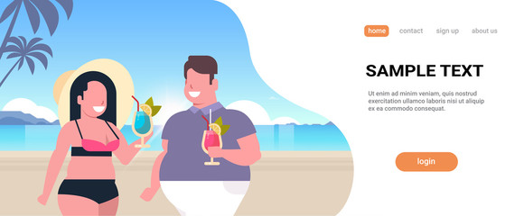 fat obese couple drinking cocktails tropical sea beach overweight man woman having fun summer vacation concept beautiful seaside landscape background portrait horizontal copy space