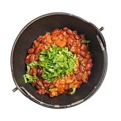 Beans with greens, top view, on white background