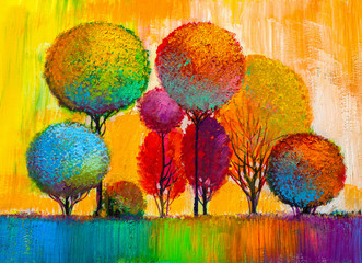 Oil painting landscape, colorful trees. Hand Painted Impressionist, outdoor landscape. - 258747482