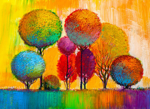 Oil painting landscape, colorful trees. Hand Painted Impressionist, outdoor landscape. © serge-b