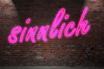 Leuchtreklame sinnlich an Ziegelsteinmauer