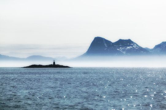 maritime fairway with navigation mark in the Vesteralen Islands, arctiac waters of northern Norway, Scandinavia