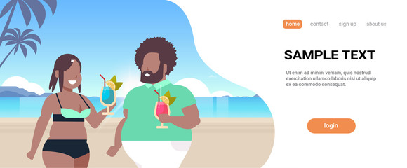 fat obese couple drinking cocktails tropical sea beach overweight man woman having fun summer vacation concept beautiful seaside landscape background portrait horizontal copy space