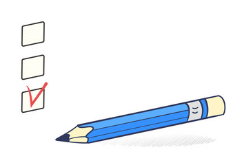 Questionnaire template, survey choice. Marked checkbox with a pencil on white background. Testing information concept. Vector illustration