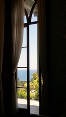 window with blue curtains