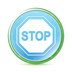 Stop sign icon natural aqua cyan blue round button