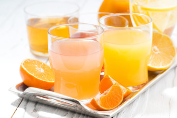 fresh citrus juices in assortment, closeup