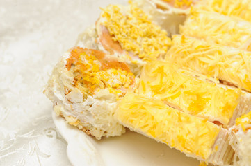 .A deliciously salty appetizer with cheese served on a plate. Tasty meal served on a plate.