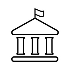 Line icon of house with columns and flag. Building of government, embassy, official institution or establishment with flying banner. Vector Illustration 