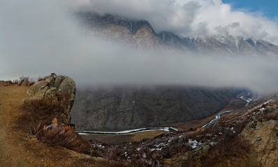 Russia. mountain Altai. Early morning at the Katu-Yaryk pass with views of the Chulyshman river valley.