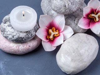 Fototapeta na wymiar Flowers, burning candle and stone for spa. Spa composition