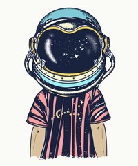 Boy in astronaut helmet. Childhood dreams of future