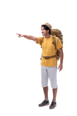 Young handsome tourist isolated on white 