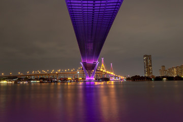 Bhumibol Bridge in Bangkok city at night with the Colorful multi color of light 1