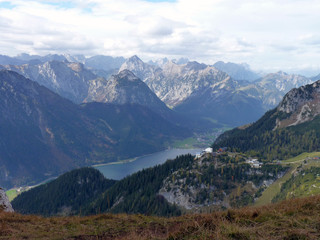 Top mountain view to the lake and river