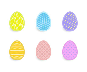 Easter eggs with patterns set vector illustration. bright and pastel colours,  simple geometric patterns. Yellow, blue, lilac, pink 