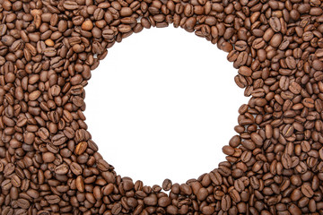 Round frame of coffee beans - copy space for text. Roasted coffee beans background.