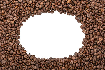 Oval frame of coffee beans - copy space for text. Roasted c offee beans background.