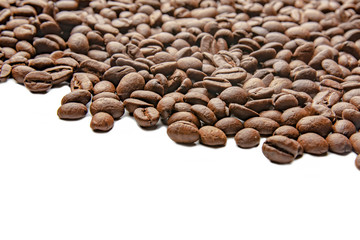Mixture of different kinds of coffee beans. Coffee Background. roasted coffee beans. coffee beans isolated on white background