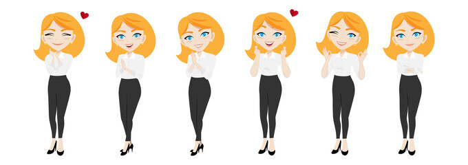 Businesswoman character or Businesswoman cartoon in different poses set vector illustration
