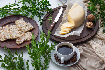  beautiful breakfast with honey cheese and coffee