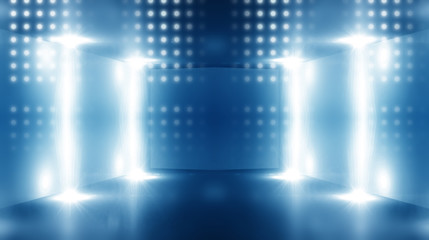 Background of empty dark scene with neon lights, laser figures. Smoke, reflection