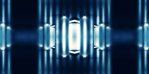 Background of empty dark scene with neon lights, laser figures. Smoke, reflection