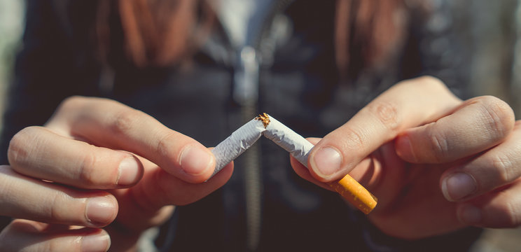 Crop woman breaking cigarette and quitting smoking. Closeup of crop woman splitting cigarette for idea of stop smoking