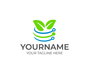 Plant technology and innovation, leaves and circuit board, logo design. Artificial intelligence, agriculture, agricultural, farm and farming, vector design and illustration