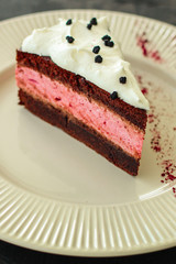 cake mousse berry, chocolate biscuit - dessert is sweet and tasty. piece of cake. food background. top