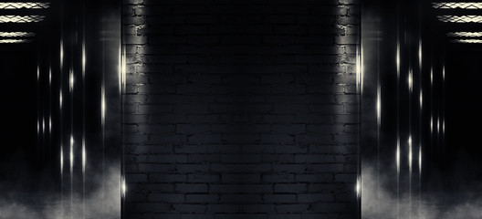 Background of empty old brick wall, open elevator doors, neon, spotlight, smoke, fog