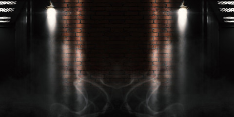 Background of empty brick wall and an open elevator door. Neon light, spotlight, smoke, smog