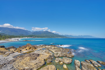 Beautiful scenics of rocky coastline beach at Sanxiantai in Chenggong city, Taitung, Taiwan.