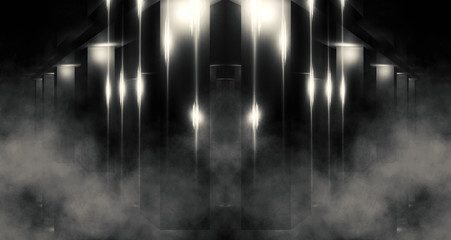 Empty dark wall background, concrete floor neon light, laser beams, smoke, fog, night